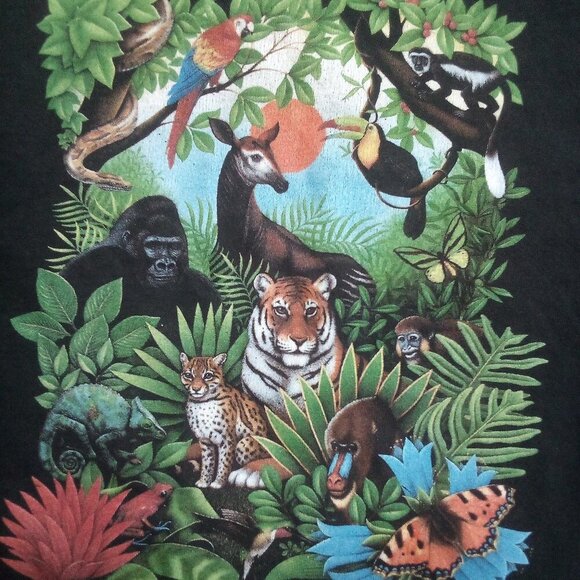 Vintage 90s Living Forest Jungle Animals Long Sleeve T-Shirt - Picture 1 of 5